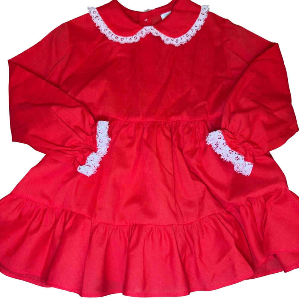 Vintage Toddler Baby Girl Red Long Sleeve Ruffle Holiday Valentine Dress Lace 2T - Picture 8 of 8